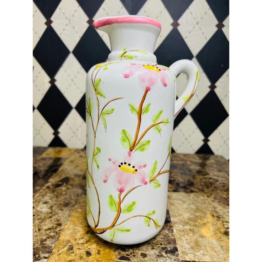 Hand Painted Floral Ceramic Pitcher Signed Martan Robalo 11" Pitcher Bud Vase - Picture 8 of 9